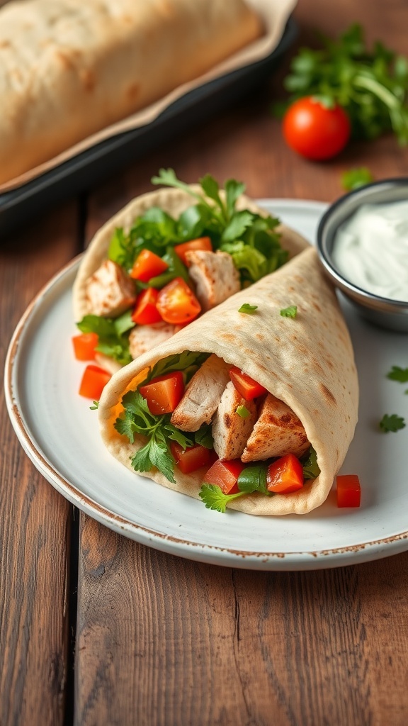 Stuffed pita bread filled with greens, tomatoes, and grilled chicken on a wooden table with tzatziki sauce.